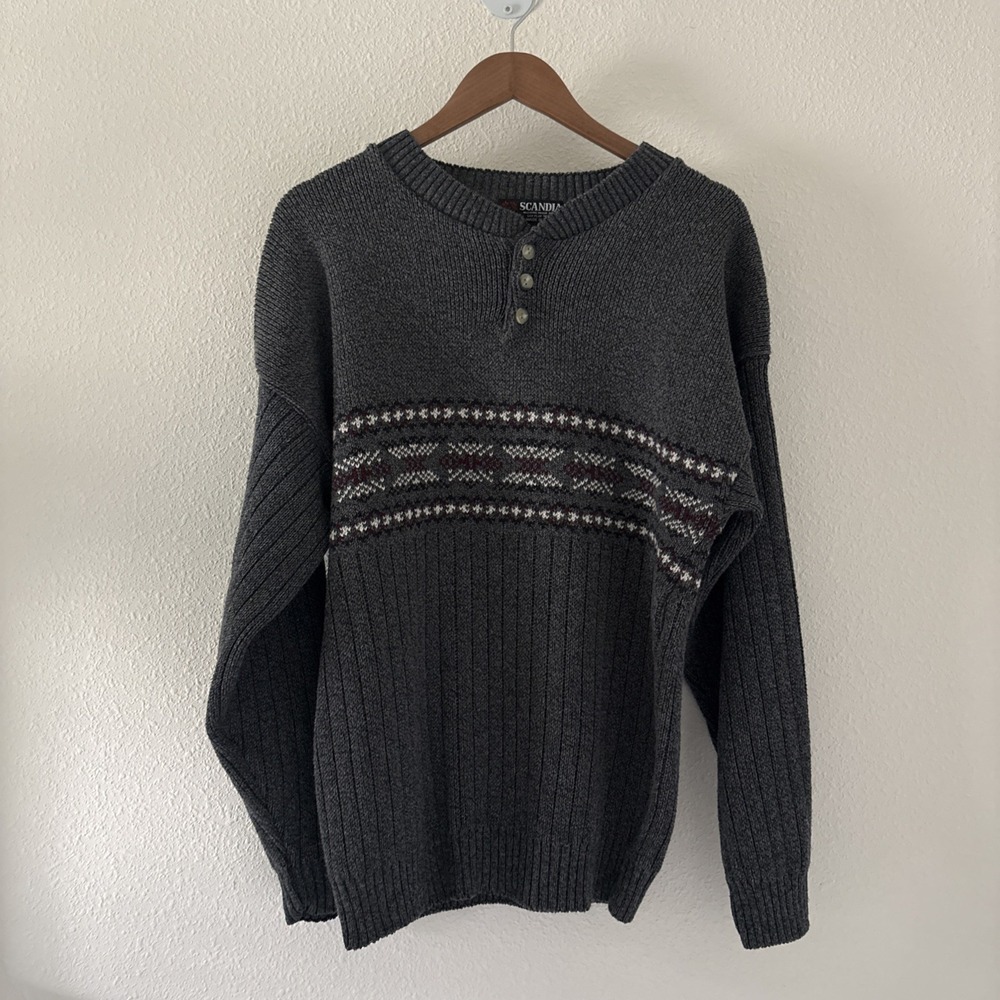 Vintage Scandia Sweater Mens Large Gray Fair Isle Henley Knit Pullover USA